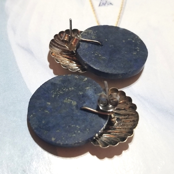 Art Deco Lapis Lazuli Sterling Silver Shell Motif Earrings - Picture 3 of 5